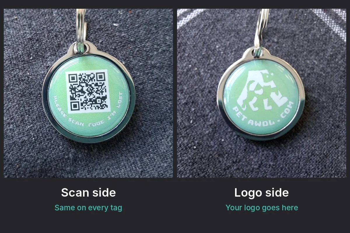 front and back of QR coded pet tag